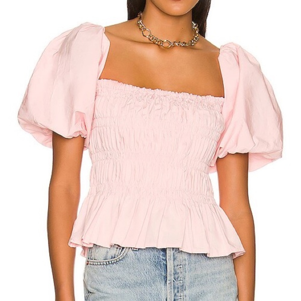 Astr The Label Pink Smocked Puff Sleeve Top